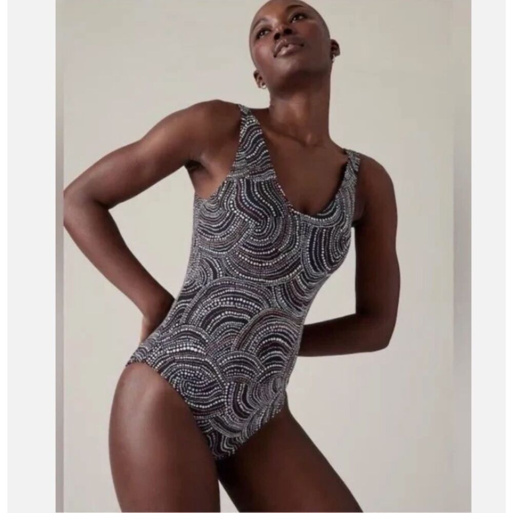 Athleta Seychelles One Piece V Neck Swimsuit Black Dot Print W/ Pads Women's XS